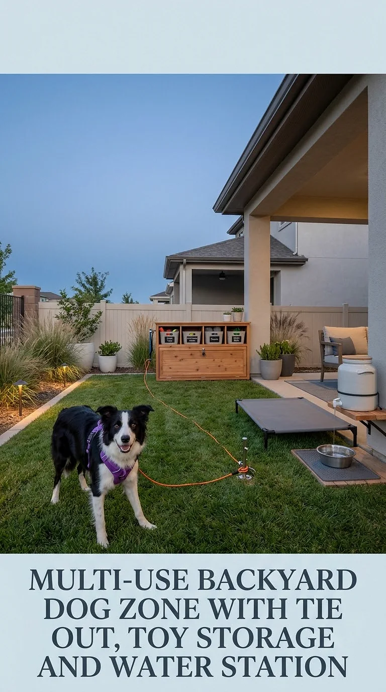 Multi-Use Backyard Dog Zone With Tie Out, Toy Storage And Water Station