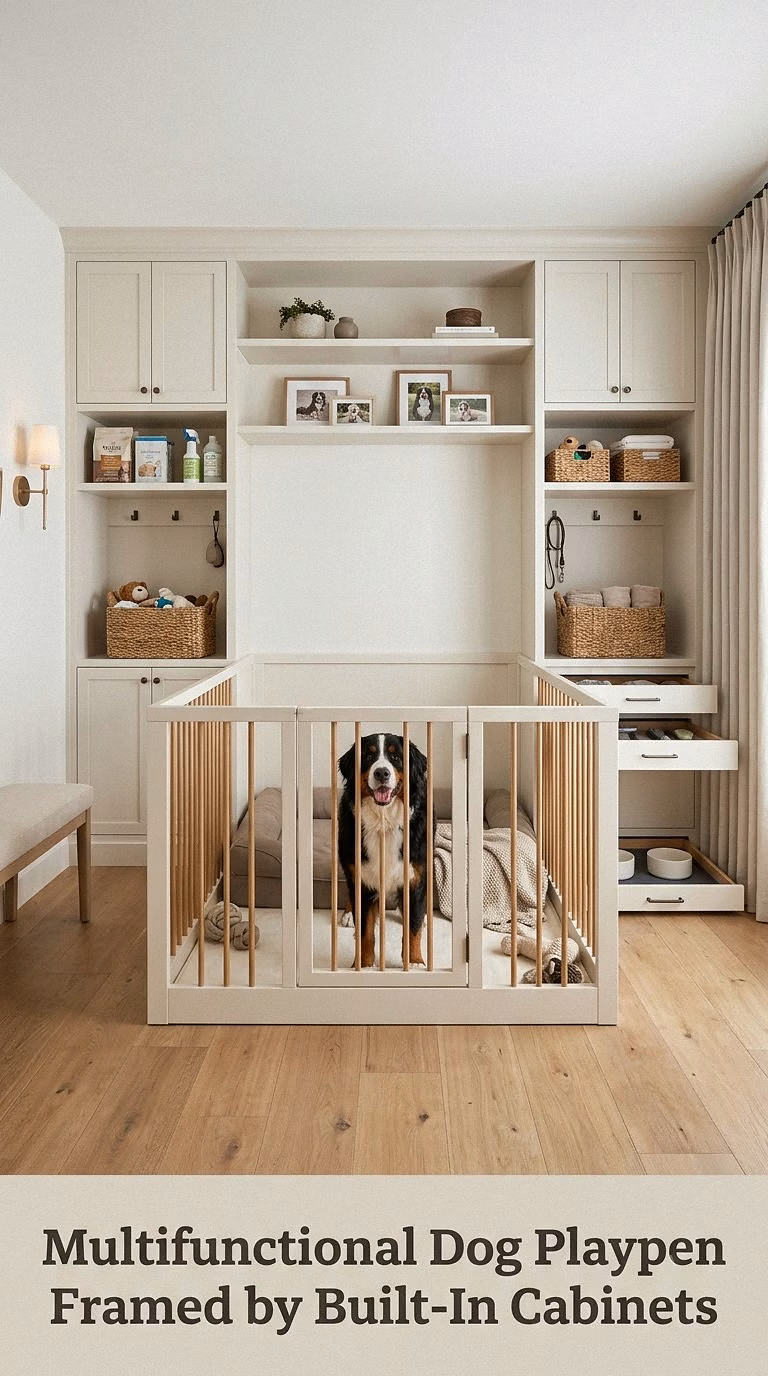 Multifunctional Dog Playpen Framed by Built-In Cabinets