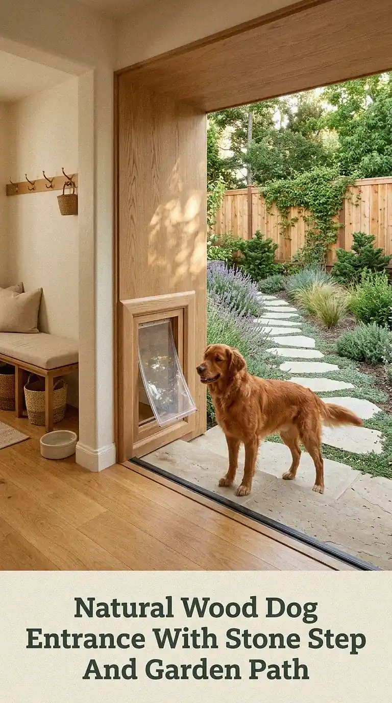 Natural Wood Dog Entrance With Stone Step And Garden Path