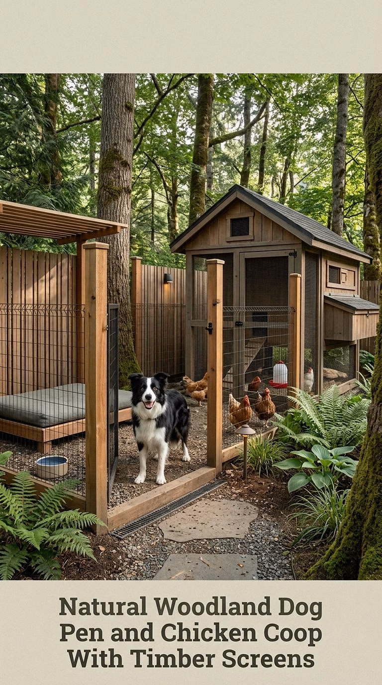 Natural Woodland Dog Pen and Chicken Coop With Timber Screens