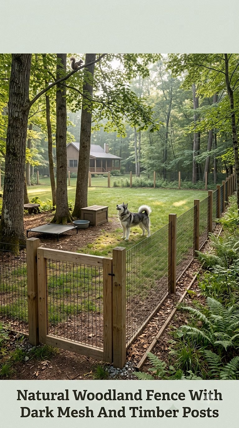 Natural Woodland Fence With Dark Mesh And Timber Posts
