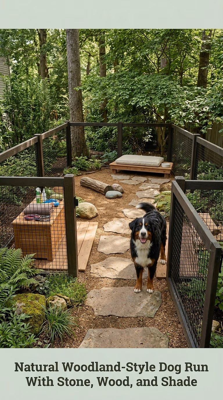 Natural Woodland-Style Dog Run With Stone, Wood, and Shade