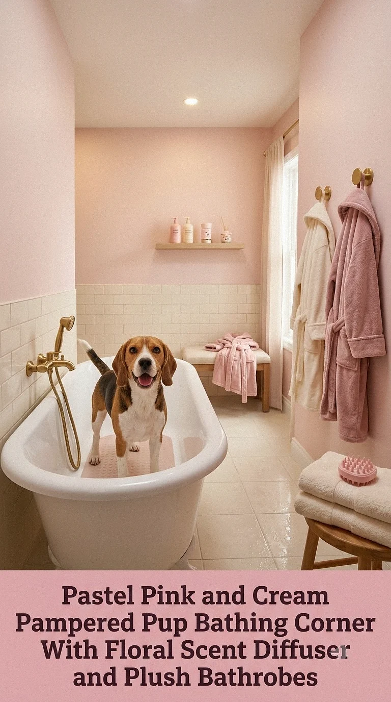 Pastel Pink and Cream Pampered Pup Bathing Corner With Floral Scent Diffuser and Plush Bathrobes