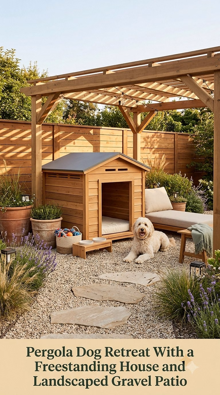 19. Pergola Dog Retreat With a Freestanding House and Landscaped Gravel Patio