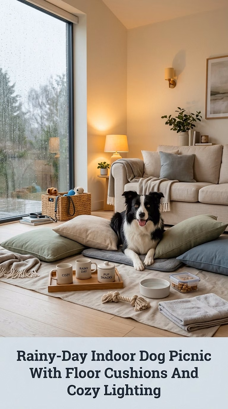 Rainy-Day Indoor Dog Picnic With Floor Cushions And Cozy Lighting