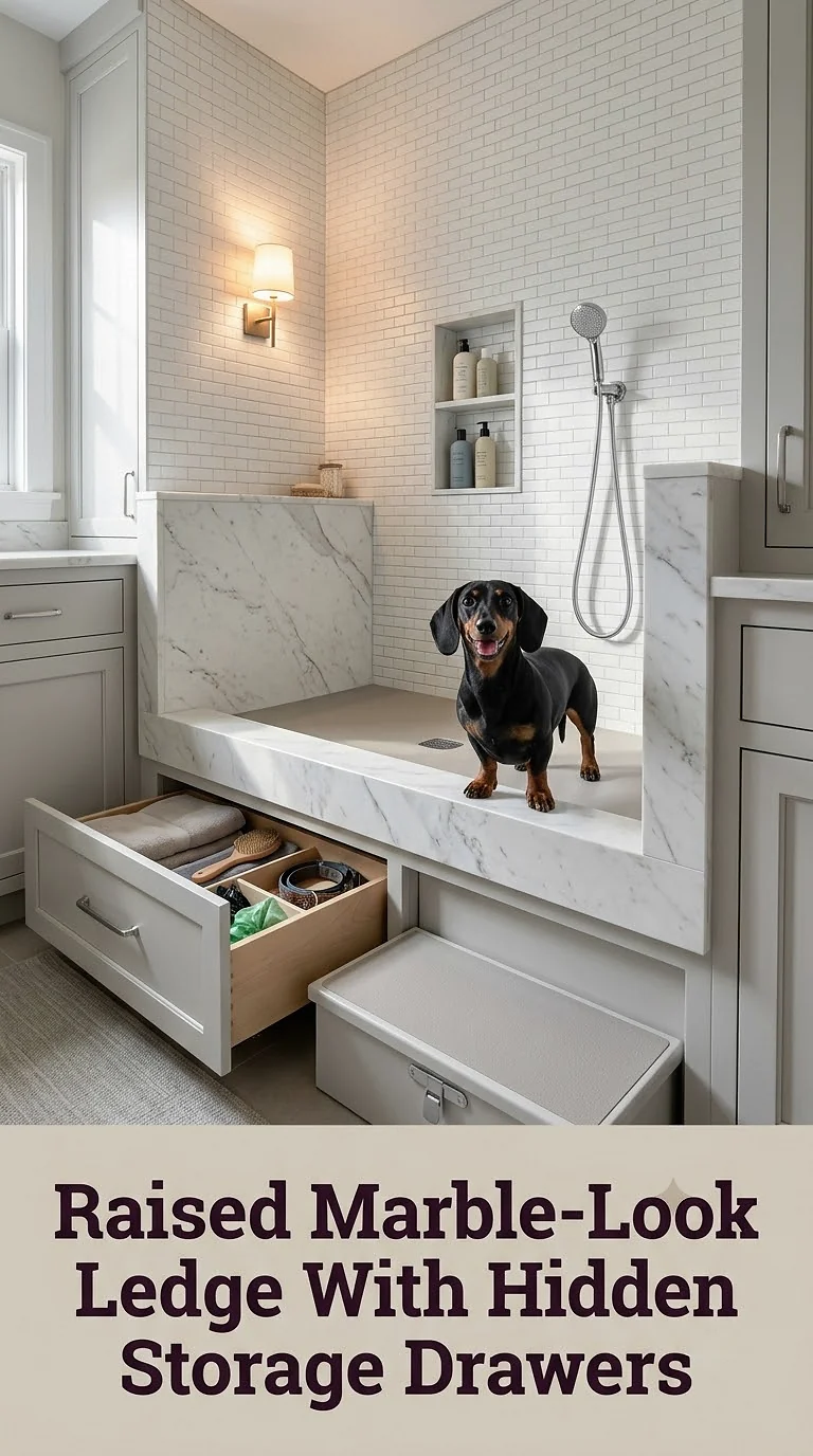 Raised Marble-Look Ledge With Hidden Storage Drawers