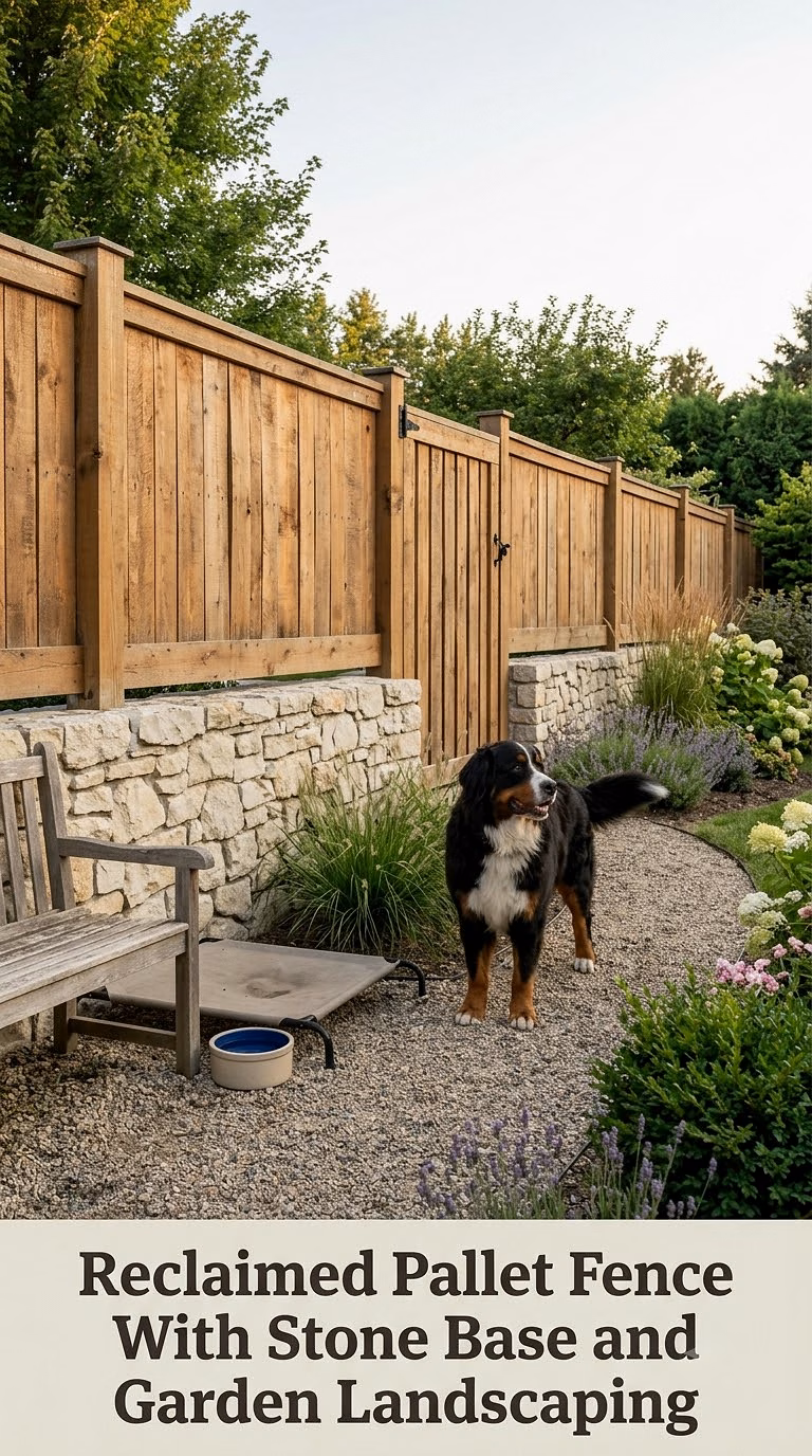 Reclaimed Pallet Fence With Stone Base and Garden Landscaping