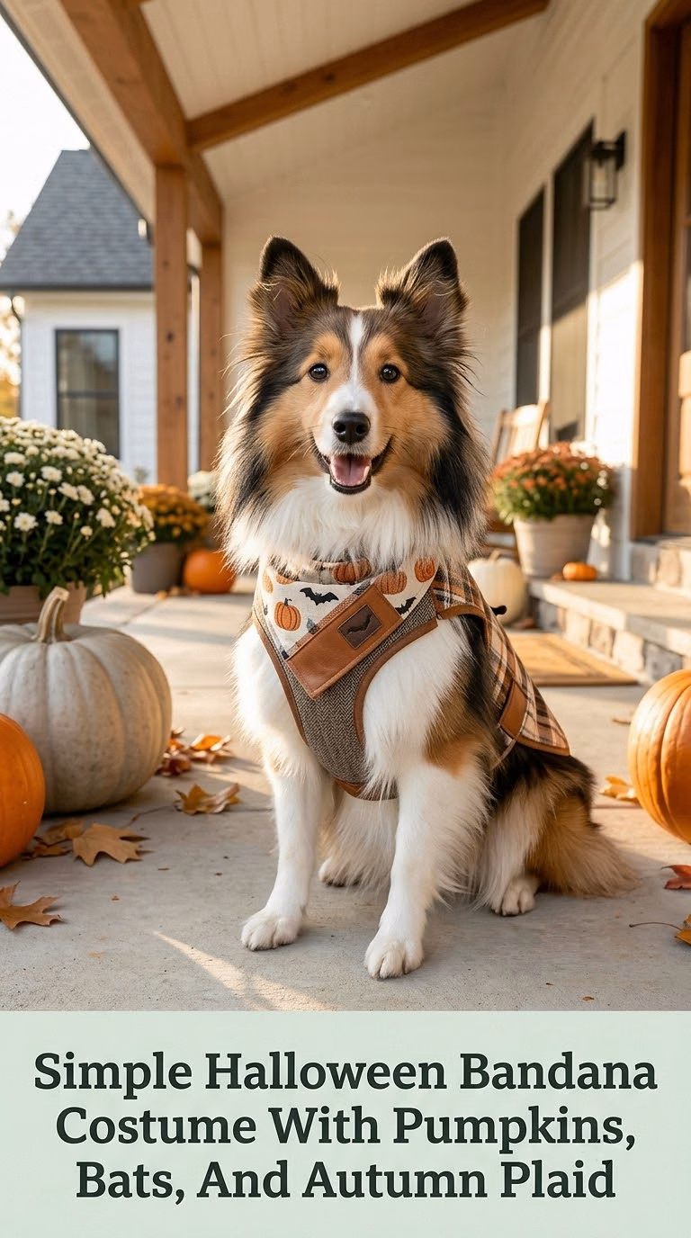 Simple Halloween Bandana Costume With Pumpkins, Bats, And Autumn Plaid