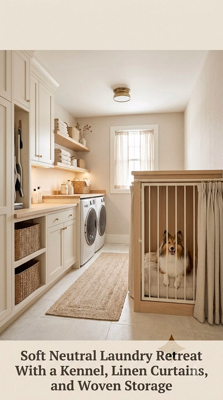Soft Neutral Laundry Retreat With a Kennel, Linen Curtains, and Woven Storage