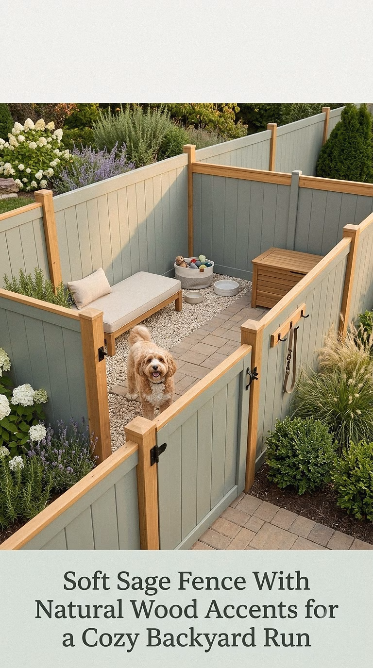 Soft Sage Fence With Natural Wood Accents for a Cozy Backyard Run