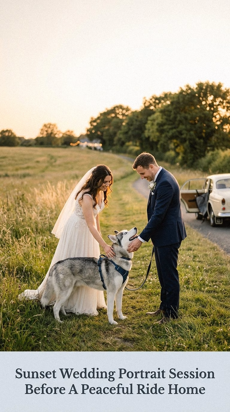 Sunset Wedding Portrait Session Before A Peaceful Ride Home
