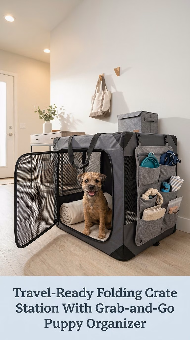 Travel-Ready Folding Crate Station With Grab-and-Go Puppy Organizer