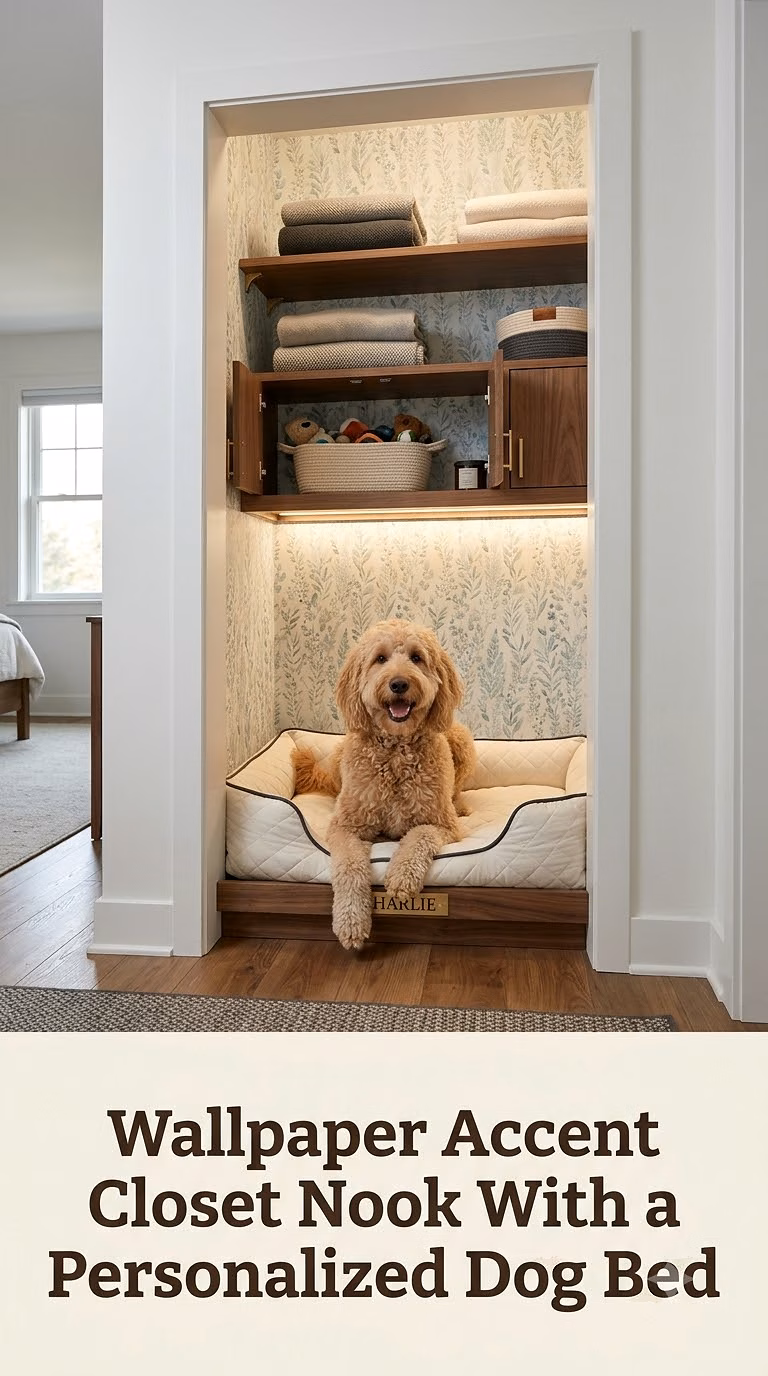 Wallpaper Accent Closet Nook With a Personalized Dog Bed