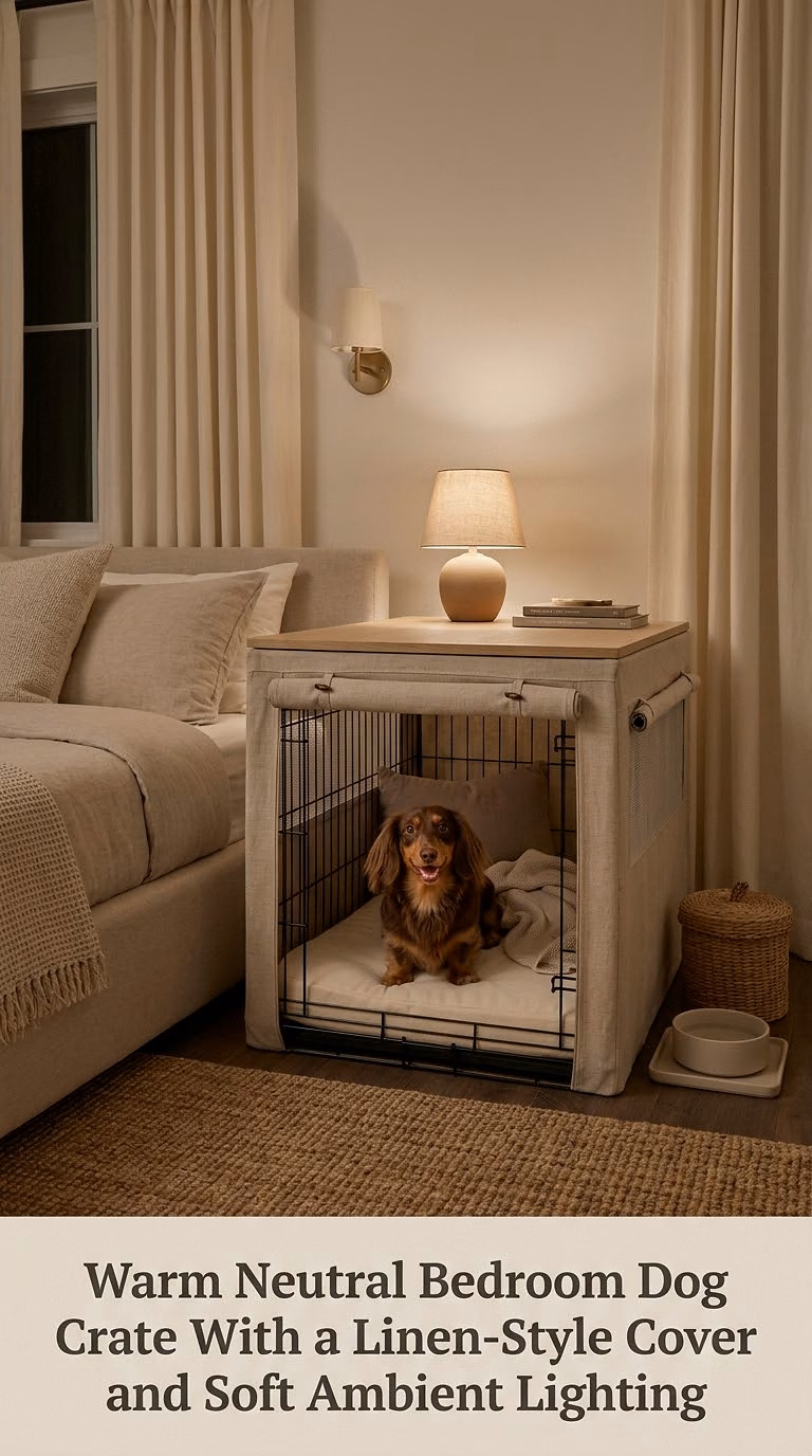 Warm Neutral Bedroom Dog Crate With a Linen-Style Cover and Soft Ambient Lighting