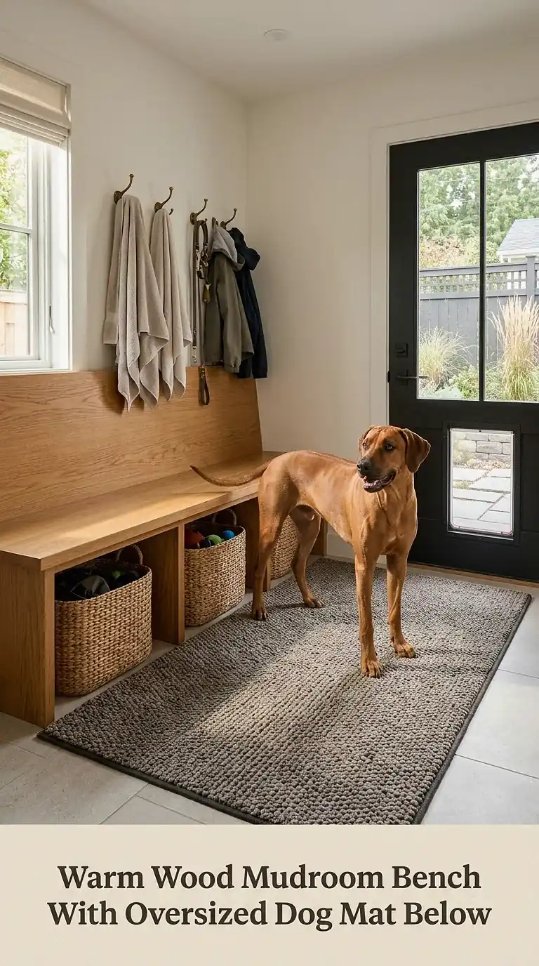 Warm Wood Mudroom Bench With Oversized Dog Mat Below