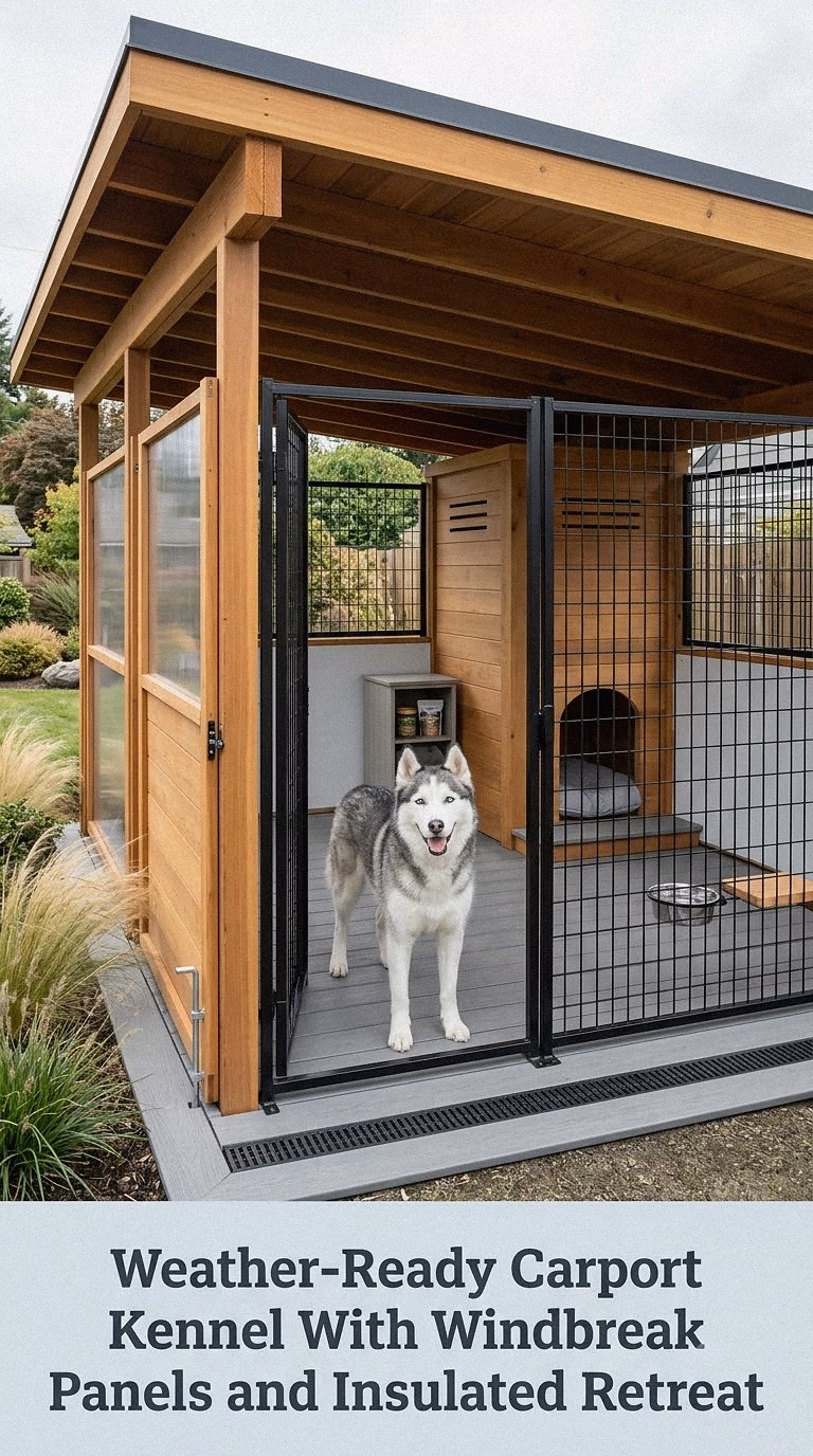 Weather-Ready Carport Kennel With Windbreak Panels and Insulated Retreat