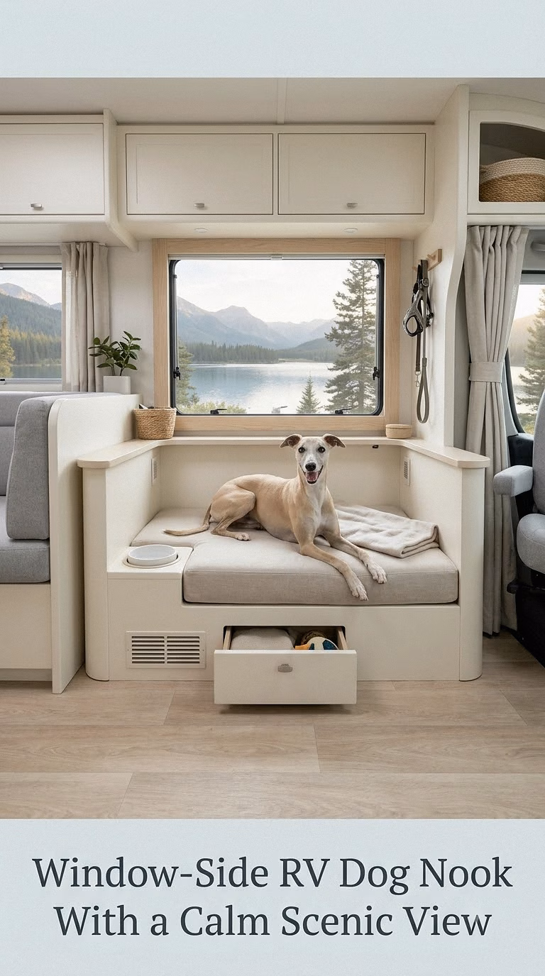 Window-Side RV Dog Nook With a Calm Scenic View