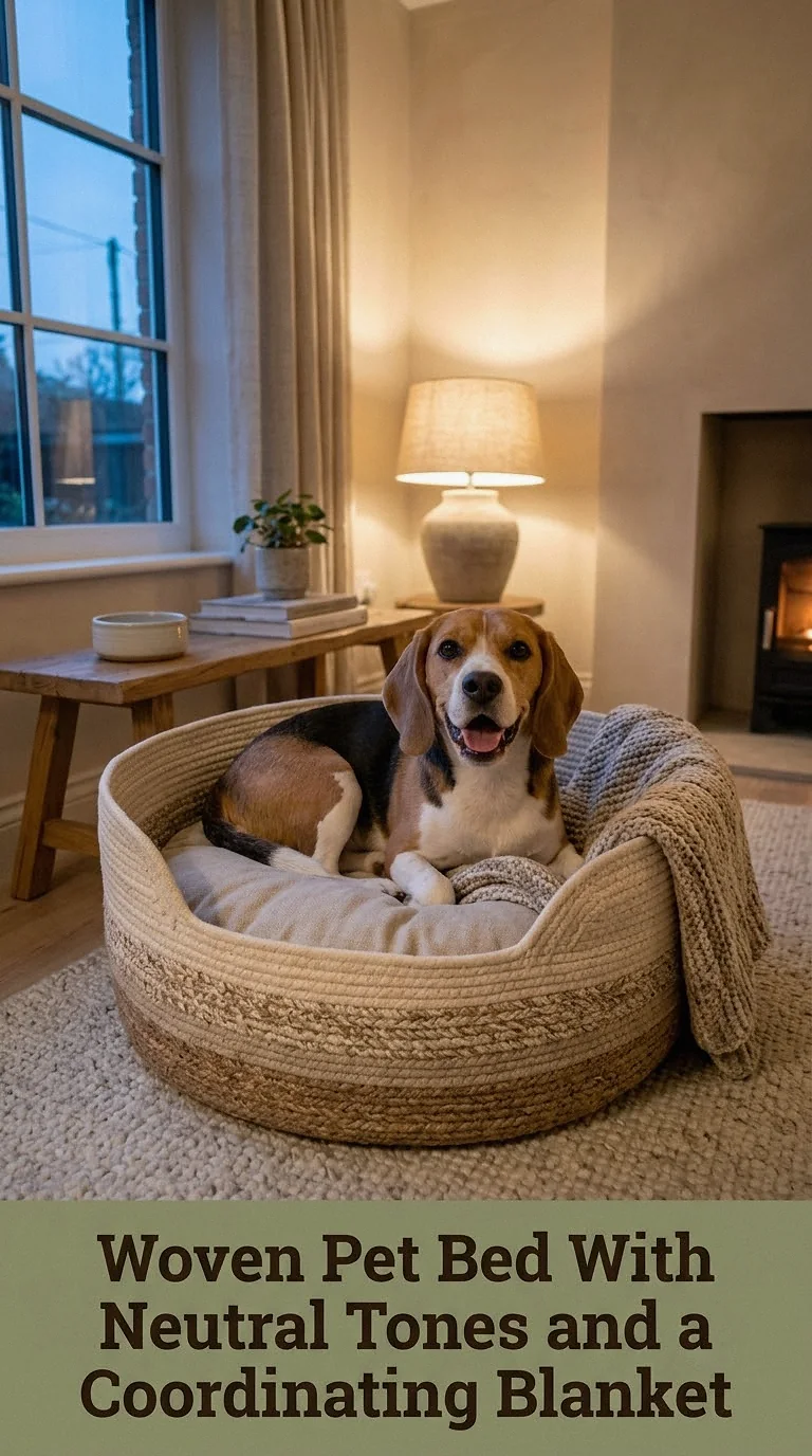 Woven Pet Bed With Neutral Tones and a Coordinating Blanket