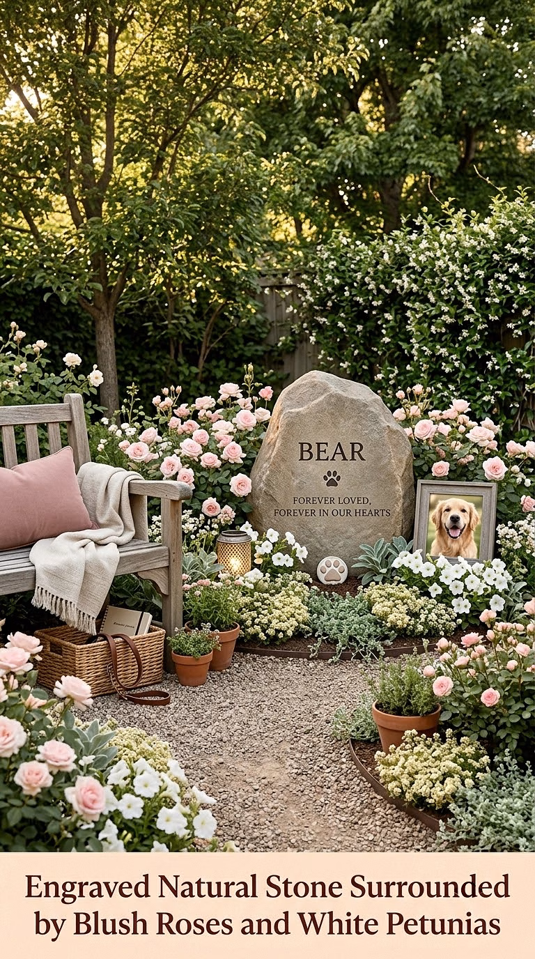 1. Engraved Natural Stone Surrounded by Blush Roses and White Petunias