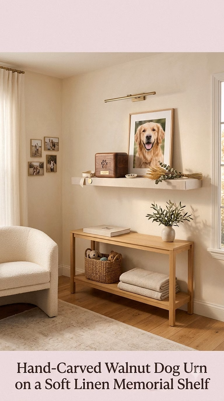 1. Hand-Carved Walnut Dog Urn on a Soft Linen Memorial Shelf