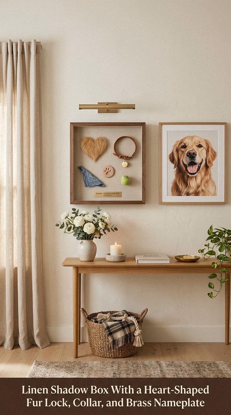 1. Linen Shadow Box With a Heart-Shaped Fur Lock, Collar, and Brass Nameplate