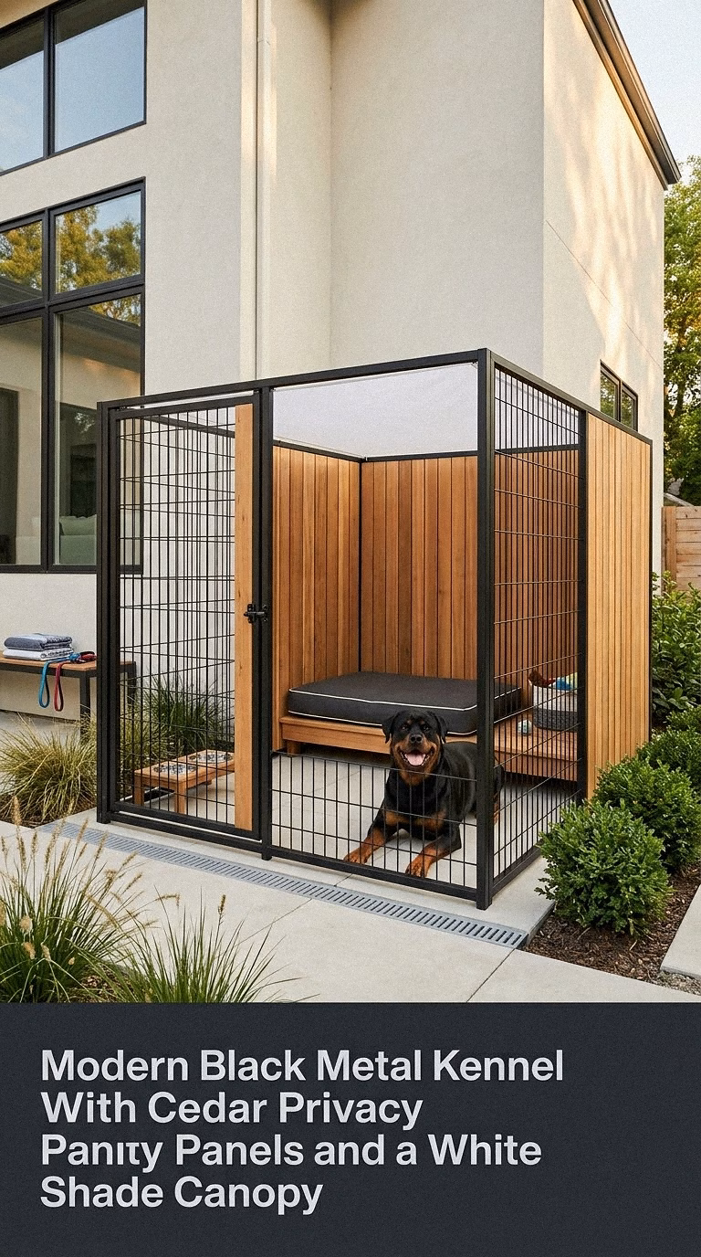 1. Modern Black Metal Kennel With Cedar Privacy Panels and a White Shade Canopy