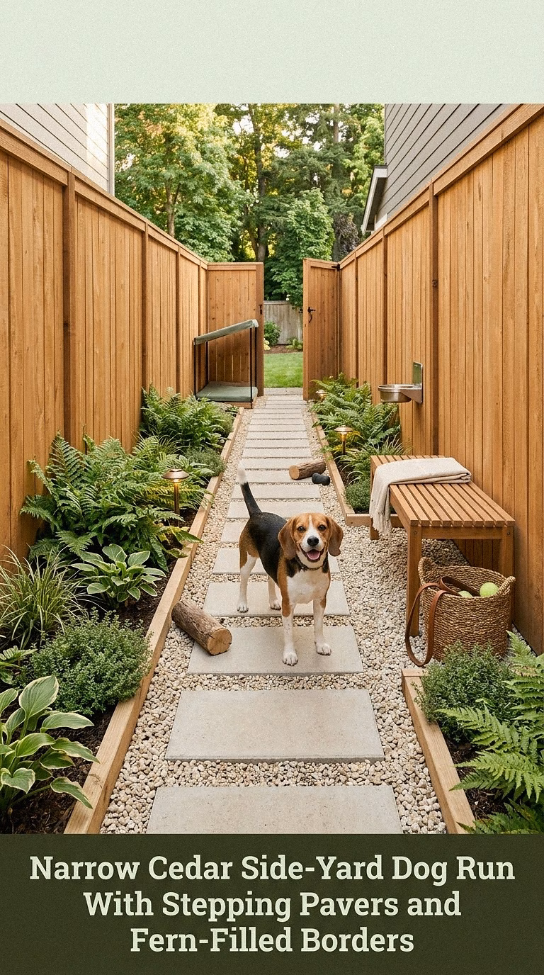 1. Narrow Cedar Side-Yard Dog Run With Stepping Pavers and Fern-Filled Borders