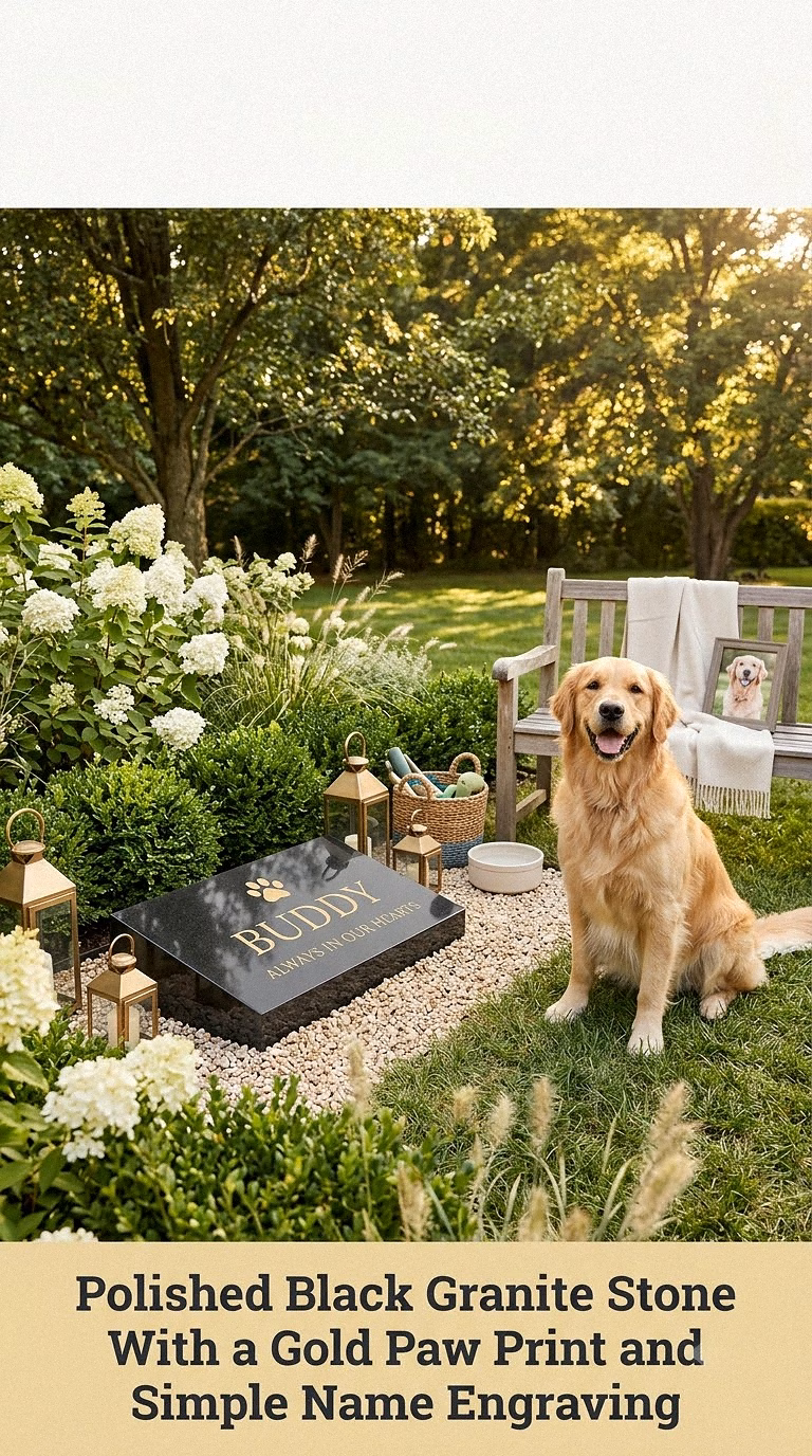 1. Polished Black Granite Stone With a Gold Paw Print and Simple Name Engraving