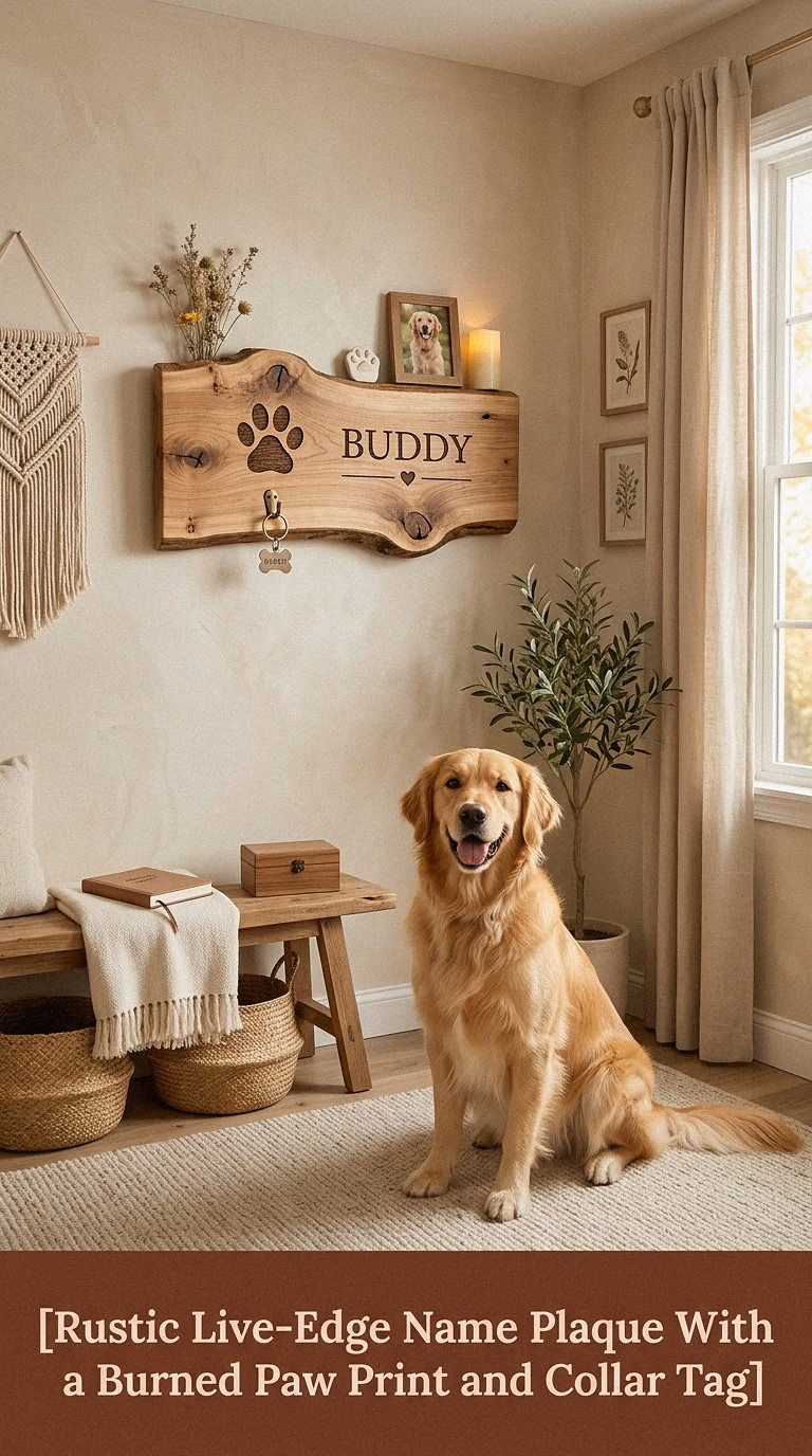 1. Rustic Live-Edge Name Plaque With a Burned Paw Print and Collar Tag