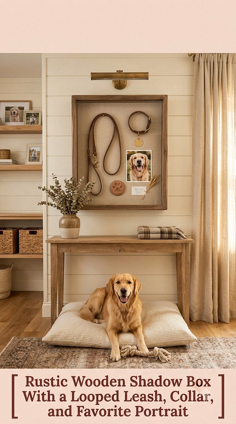 1. Rustic Wooden Shadow Box With a Looped Leash, Collar, and Favorite Portrait