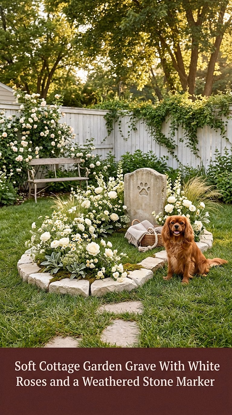 1. Soft Cottage Garden Grave With White Roses and a Weathered Stone Marker