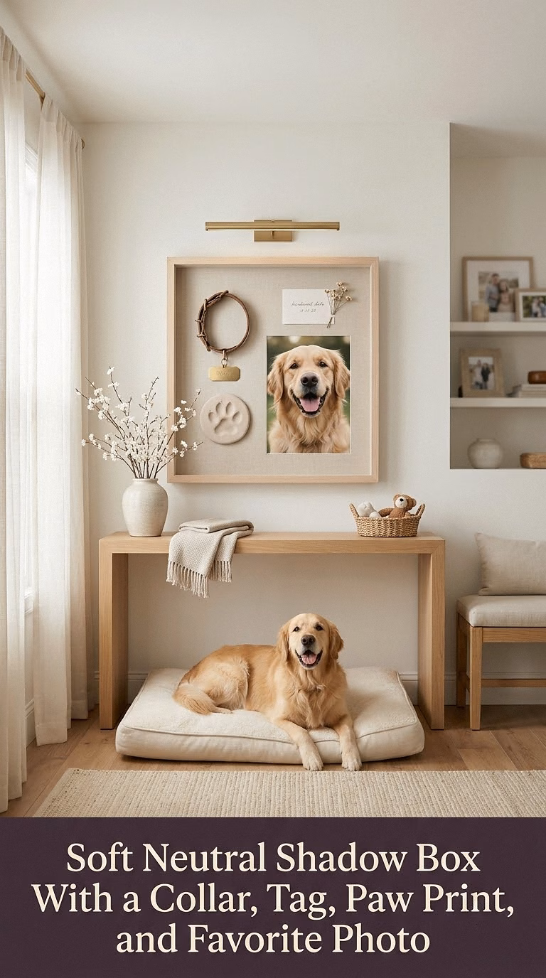 1. Soft Neutral Shadow Box With a Collar, Tag, Paw Print, and Favorite Photo