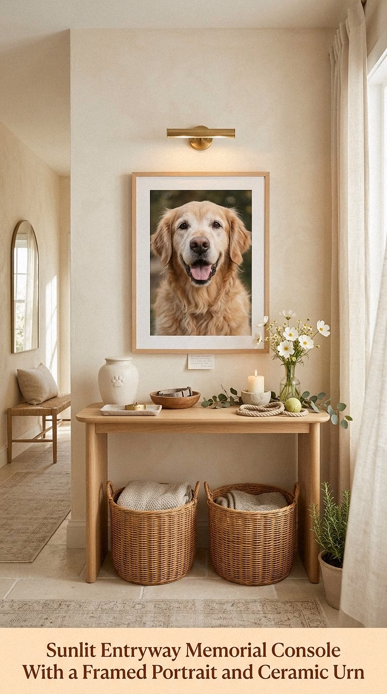 1. Sunlit Entryway Memorial Console With a Framed Portrait and Ceramic Urn