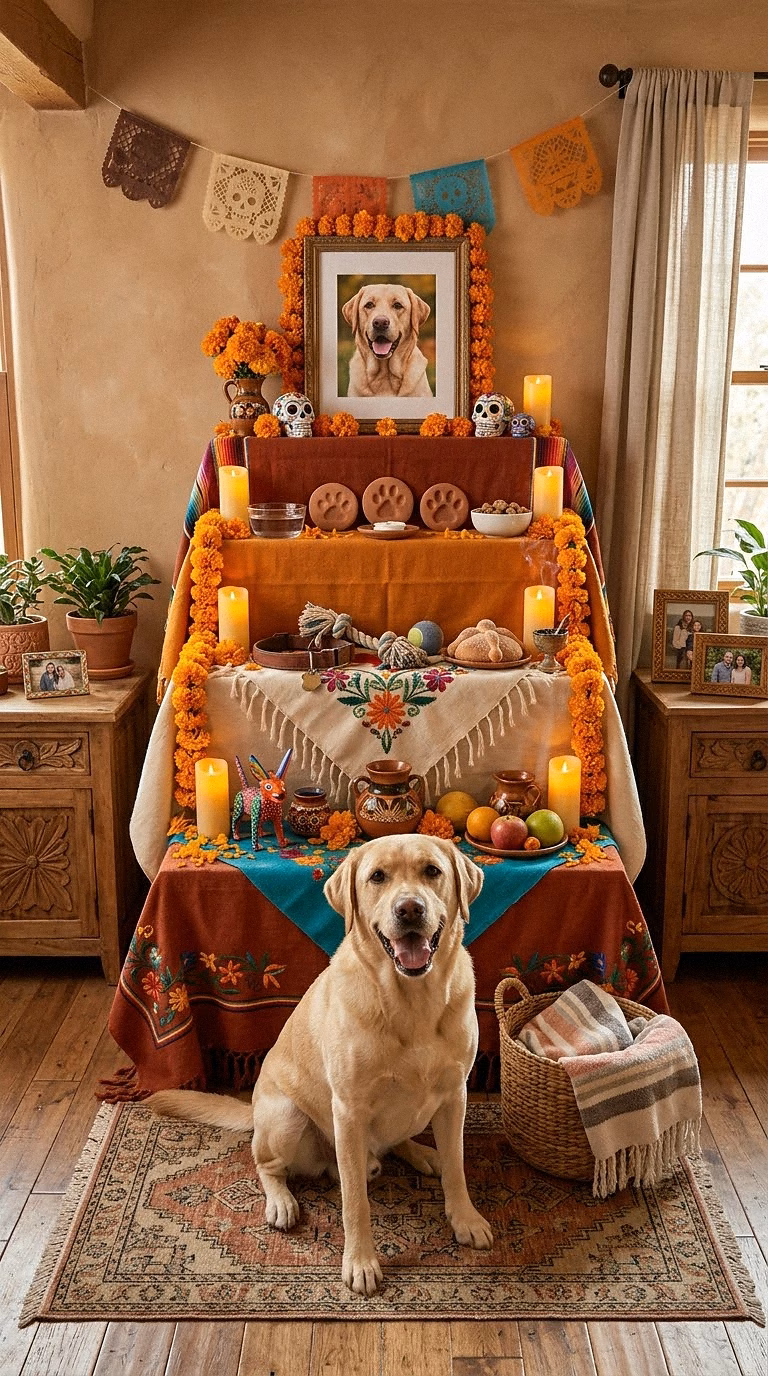 1. Traditional Three-Tier Marigold Dog Ofrenda With a Framed Portrait and Paw Prints