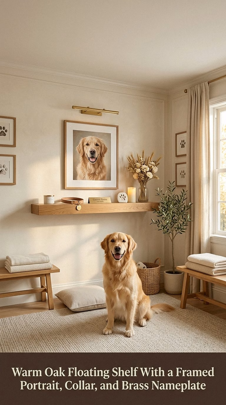 1. Warm Oak Floating Shelf With a Framed Portrait, Collar, and Brass Nameplate