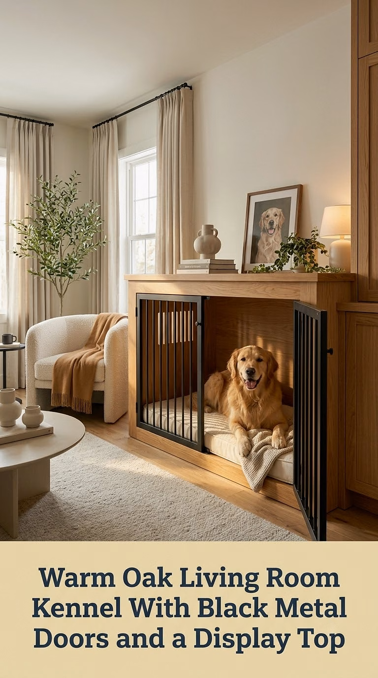 1. Warm Oak Living Room Kennel With Black Metal Doors and a Display Top