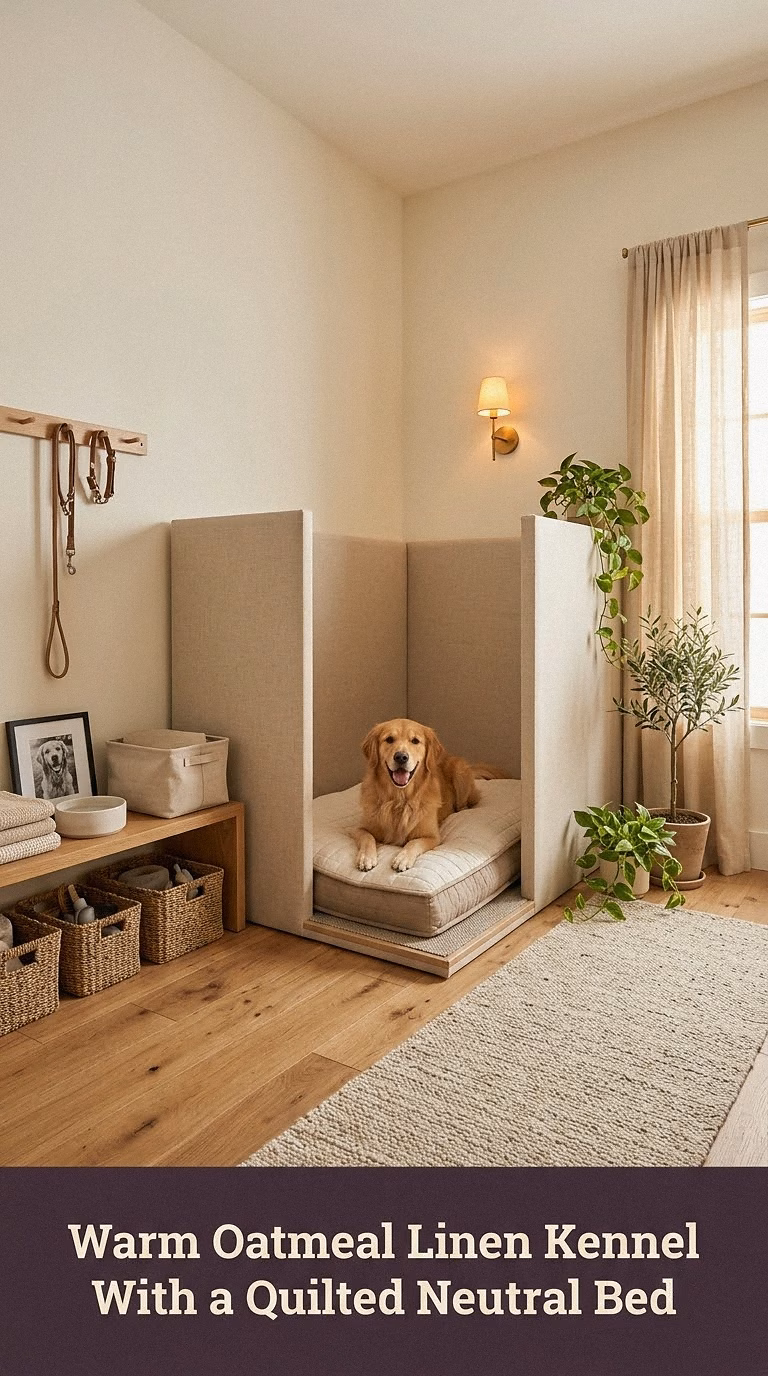 1. Warm Oatmeal Linen Kennel With a Quilted Neutral Bed