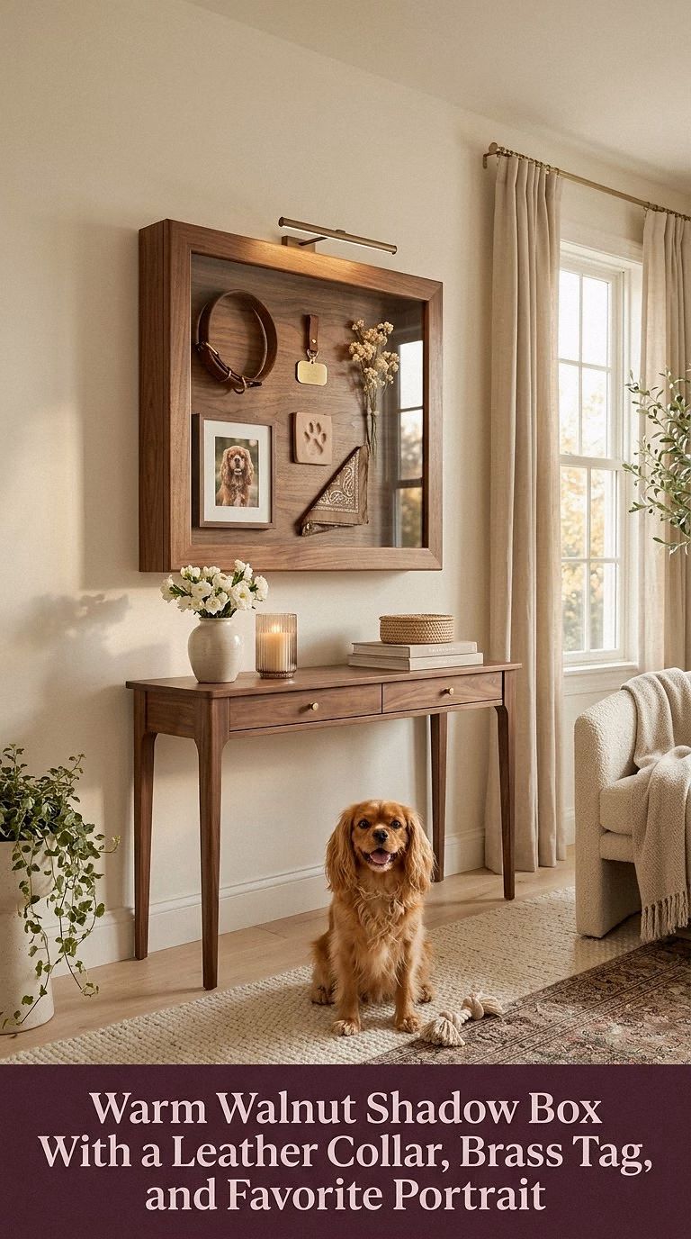 1. Warm Walnut Shadow Box With a Leather Collar, Brass Tag, and Favorite Portrait