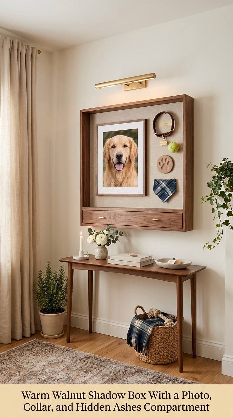 1. Warm Walnut Shadow Box With a Photo, Collar, and Hidden Ashes Compartment
