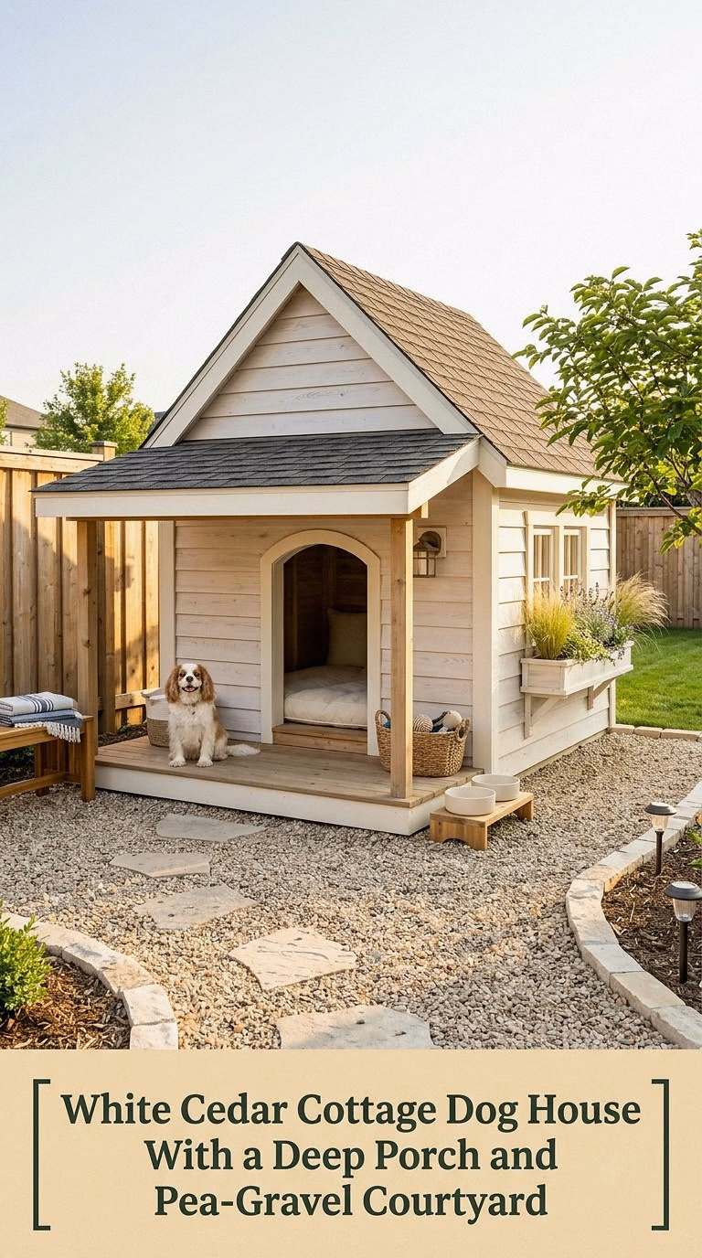 1. White Cedar Cottage Dog House With a Deep Porch and Pea-Gravel Courtyard