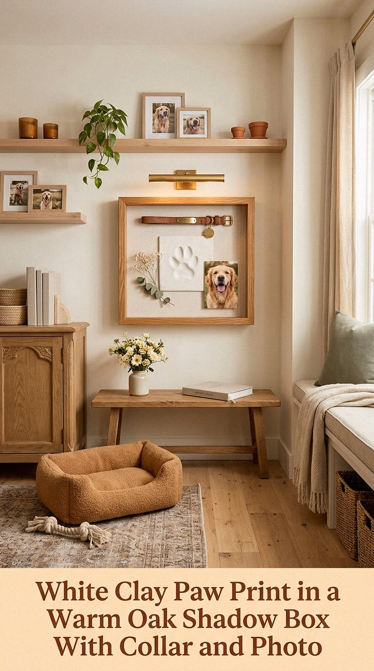 1. White Clay Paw Print in a Warm Oak Shadow Box With Collar and Photo