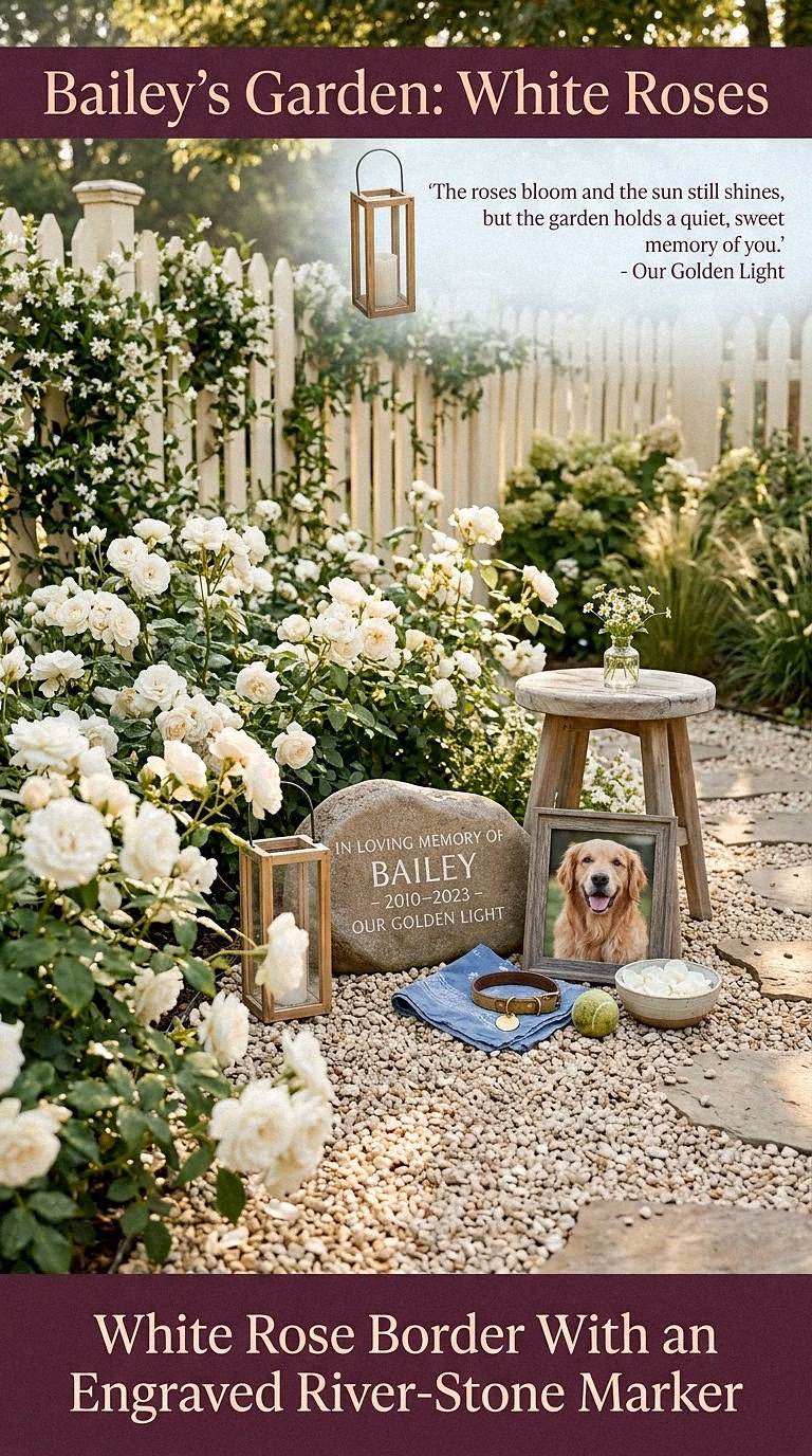 1. White Rose Border With an Engraved River-Stone Marker