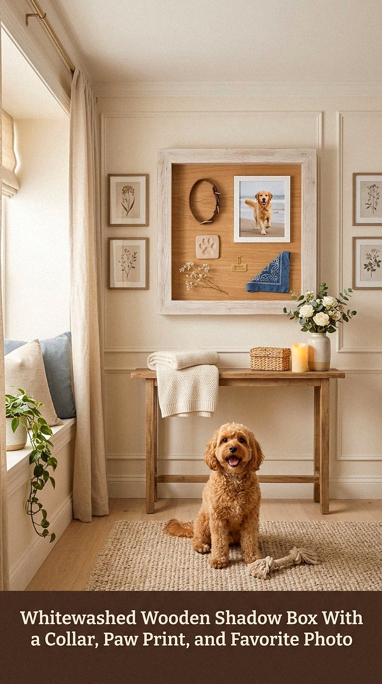 1. Whitewashed Wooden Shadow Box With a Collar, Paw Print, and Favorite Photo