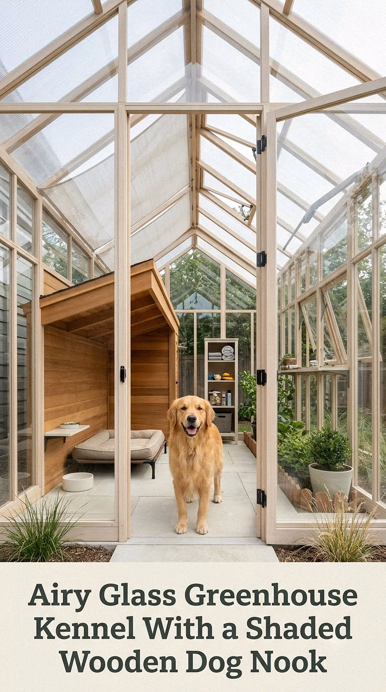 Airy Glass Greenhouse Kennel With a Shaded Wooden Dog Nook