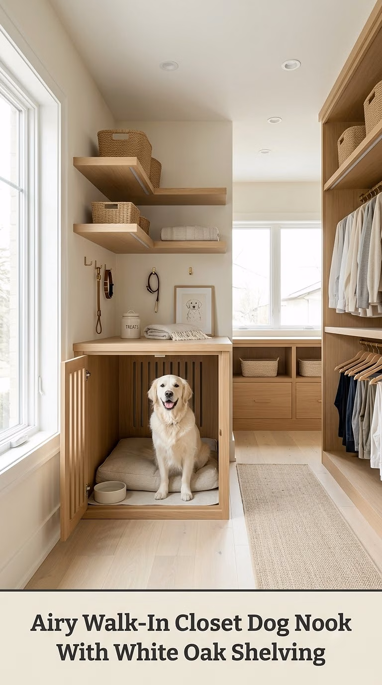 Airy Walk-In Closet Dog Nook With White Oak Shelving