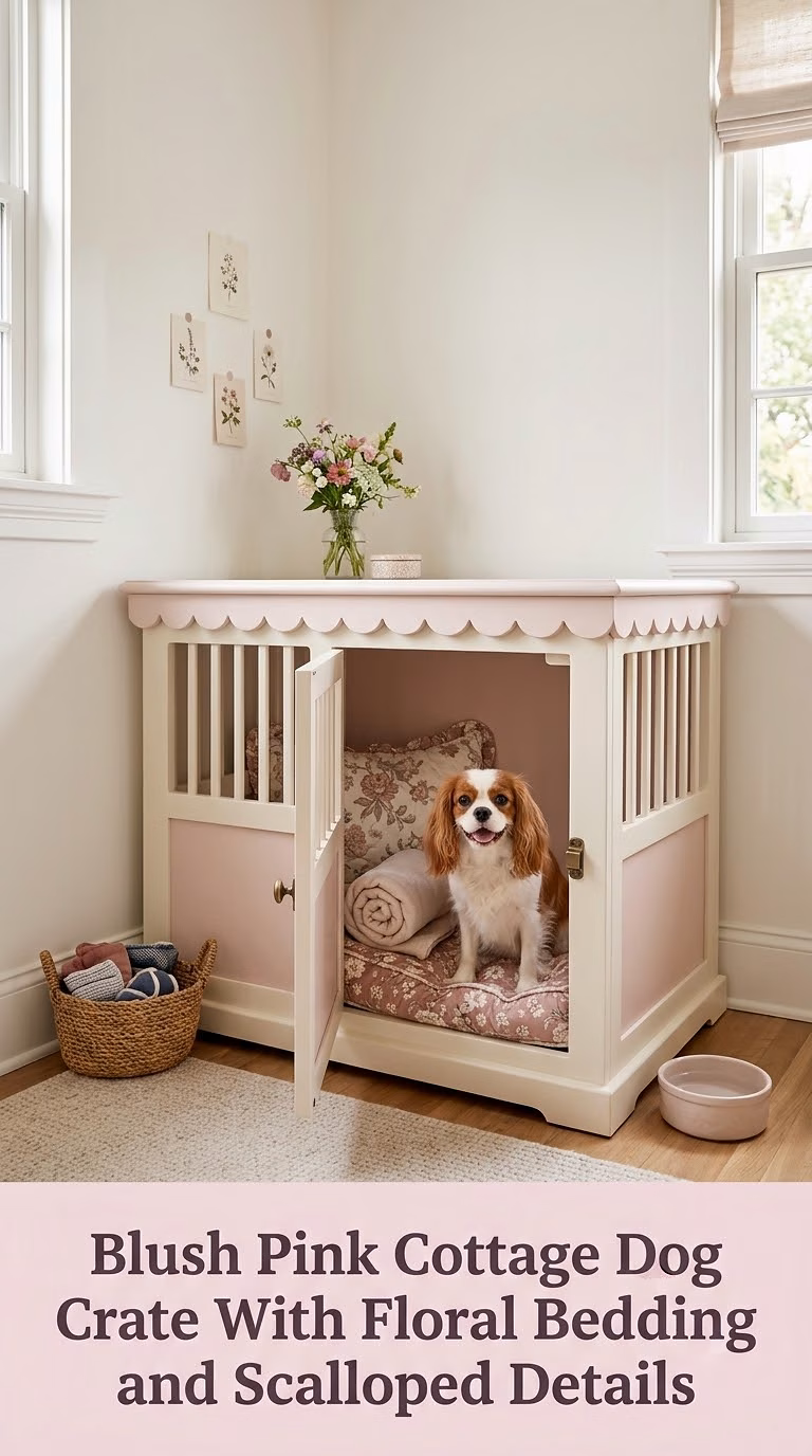 Blush Pink Cottage Dog Crate With Floral Bedding and Scalloped Details
