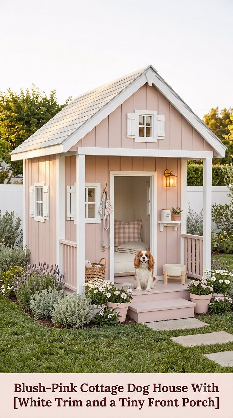1. Blush-Pink Cottage Dog House With White Trim and a Tiny Front Porch