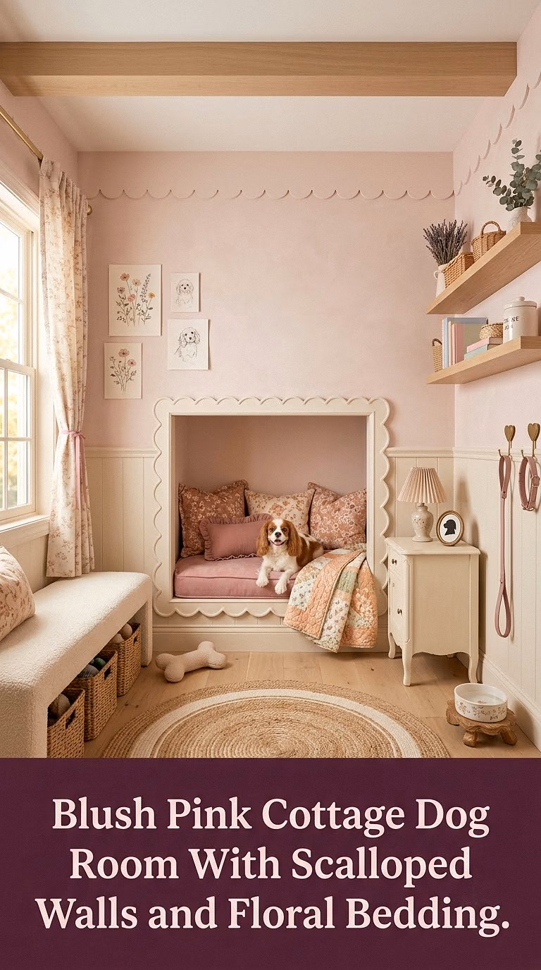 1. Blush Pink Cottage Dog Room With Scalloped Walls and Floral Bedding