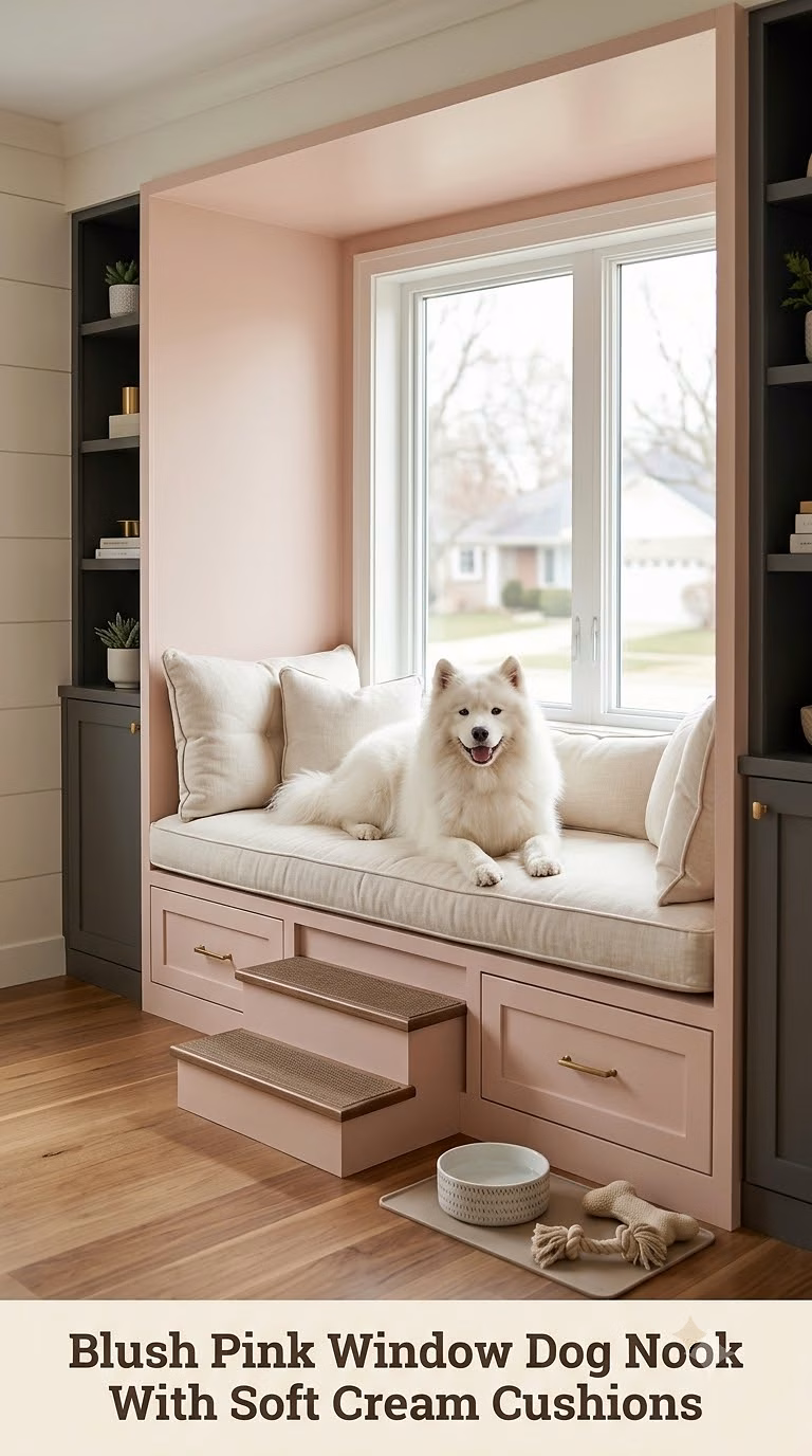 Blush Pink Window Dog Nook With Soft Cream Cushions