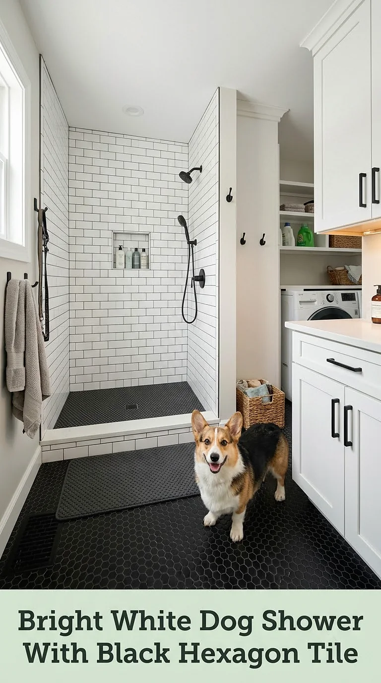 Bright White Dog Shower With Black Hexagon Tile